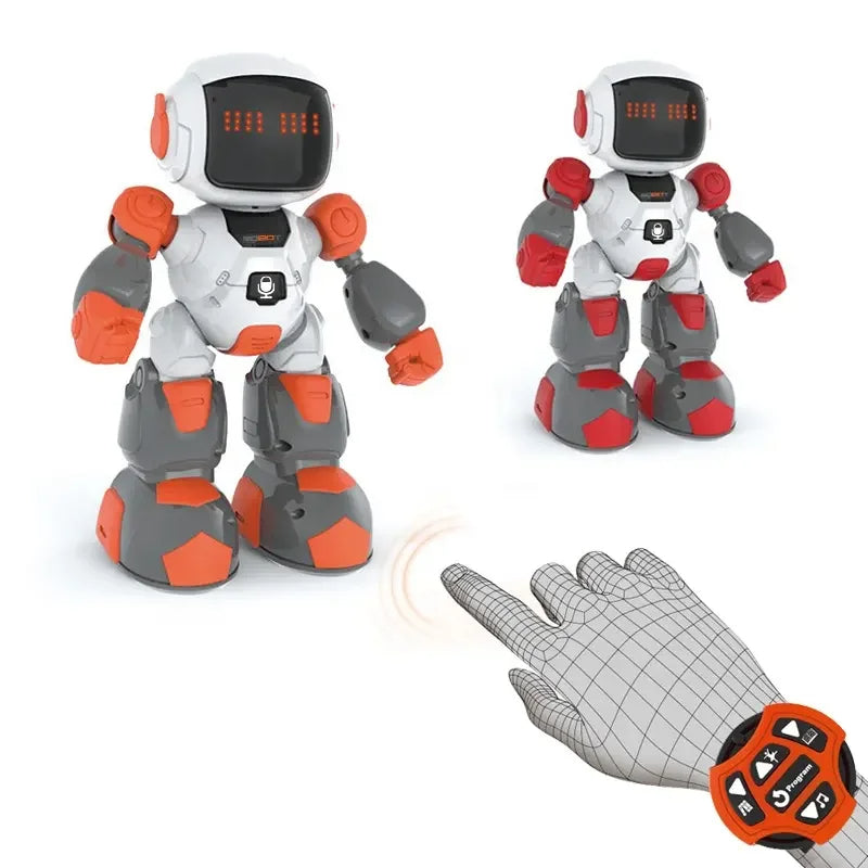 Robot inteligent cu telecomanda sub forma de ceas, dansator, alb/portocaliu, 27 cm