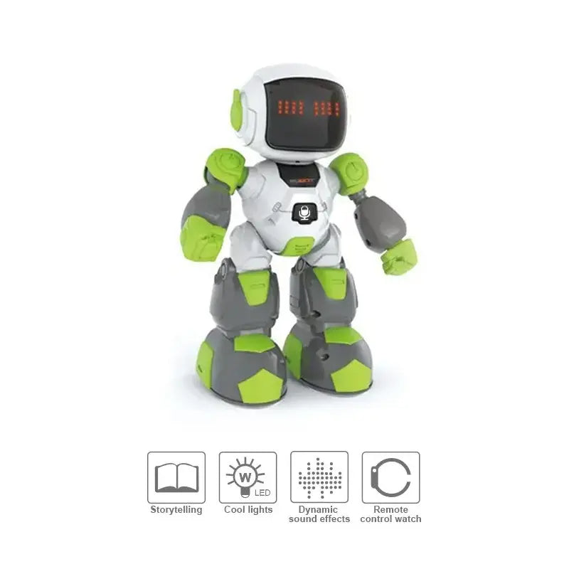 Robot inteligent cu telecomanda sub forma de ceas, dansator, alb/verde, 27 cm