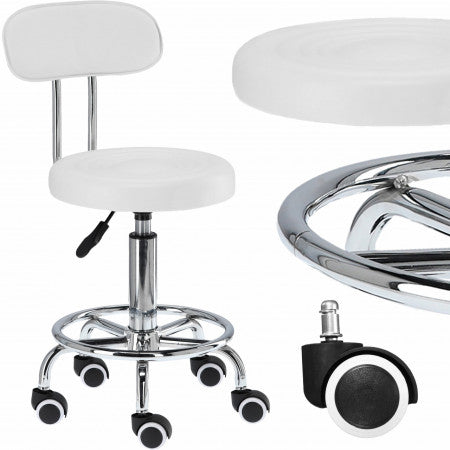 Scaun Cosmeticiana Cu Spatar, Alb, Taburet Cu Roti, Pentru Salon Cosmetica