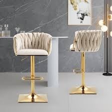 Scaun de Bar cu Auriu, Catifea Reglabil inaltime si Rotativ, ivory