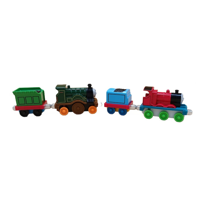 Set 2 locomotive si 2 vagoane metalice, Thomas and Friends, Metal, 8 cm, Multicolor - xStoc