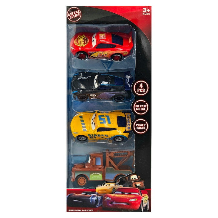 Set 4 masinute, tip Cars, Pull-back And Release, + 3 ani, Metal, Multicolor, 9 cm - xStoc