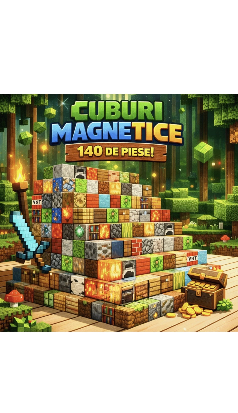Set de constructie magnetic 140 piese, cuburi magnetice, minecraft, aleatorii, jucarie creativa