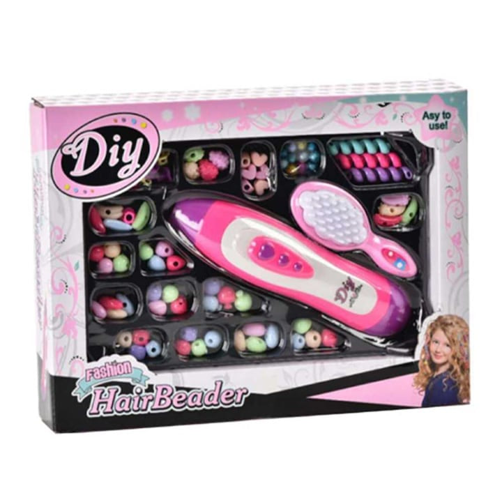 Set de frumusete, ondulator cu margele, bilute si alte accesorii multicolore pentru copii
