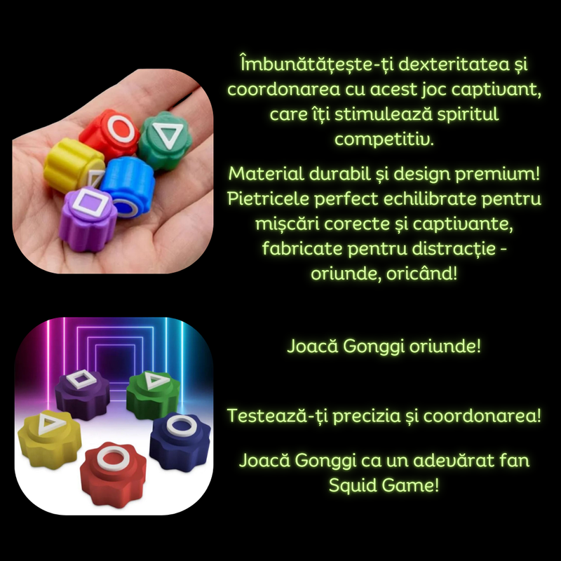 Set Gonggi, joc traditional coreean cu pietricele, din Jocul Calamarului, ideal pentru relaxare si distractie, portabil, fara asamblare, dezvolta coordonarea si dexteritatea, perfect pentru copii