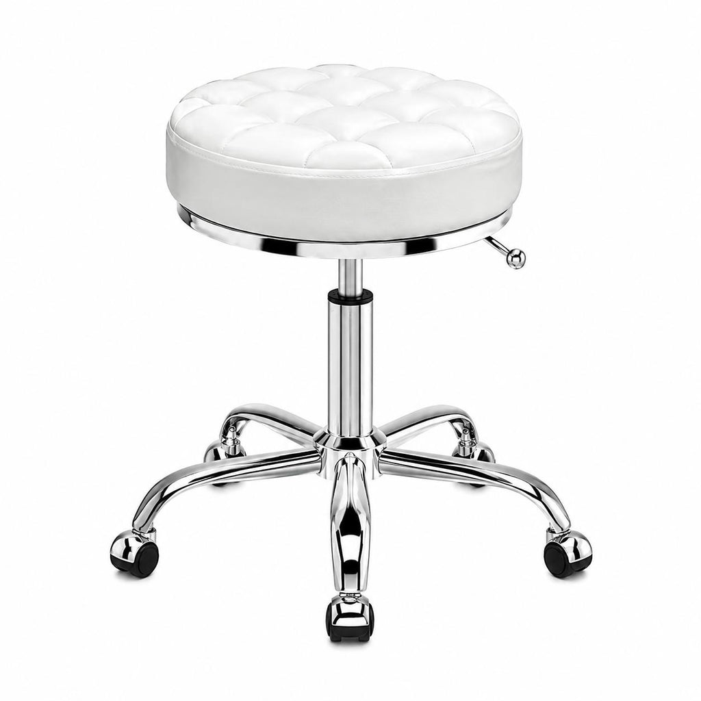 Taburet alb pentru cosmetician – scaun rotund hidraulic