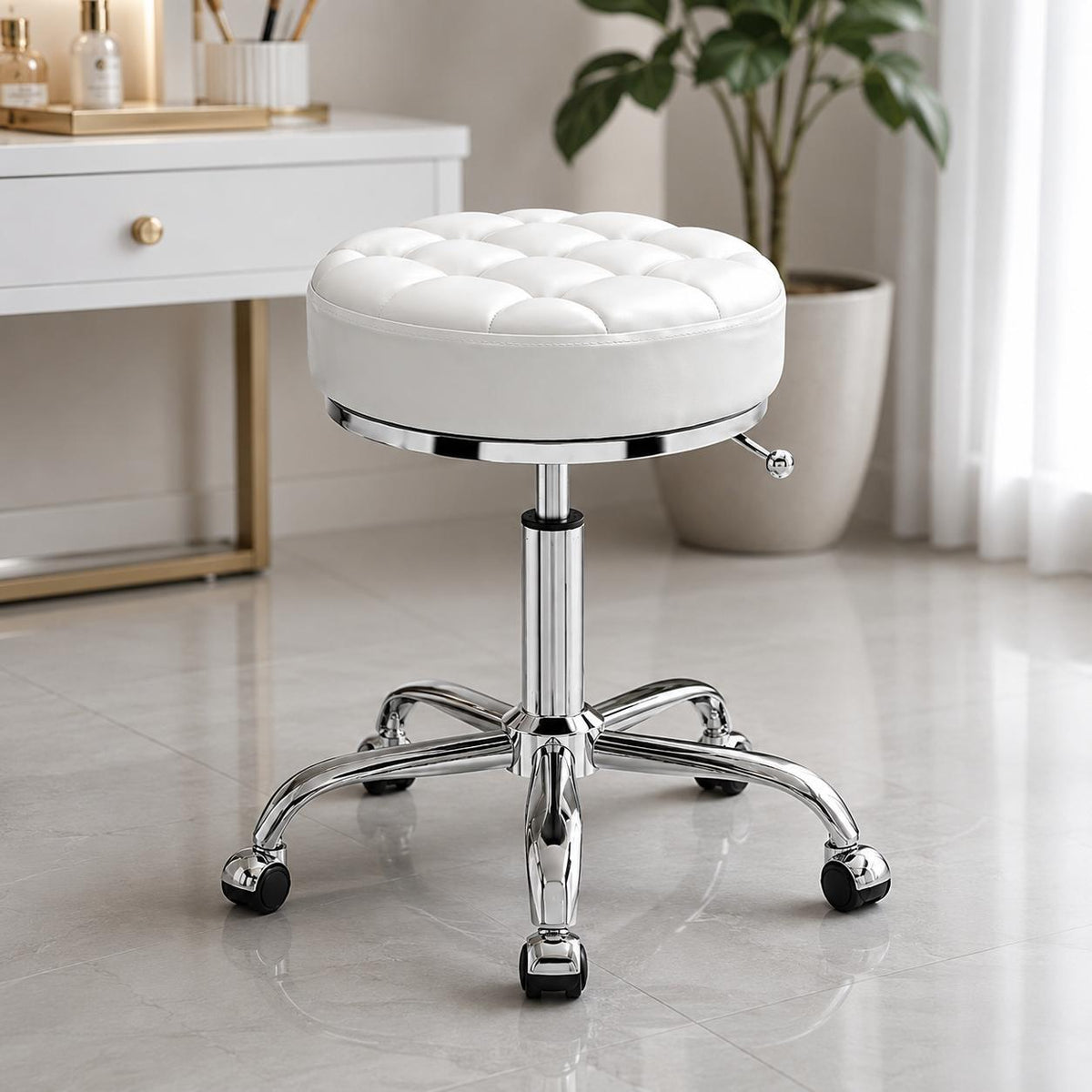 Taburet alb pentru cosmetician – scaun rotund hidraulic