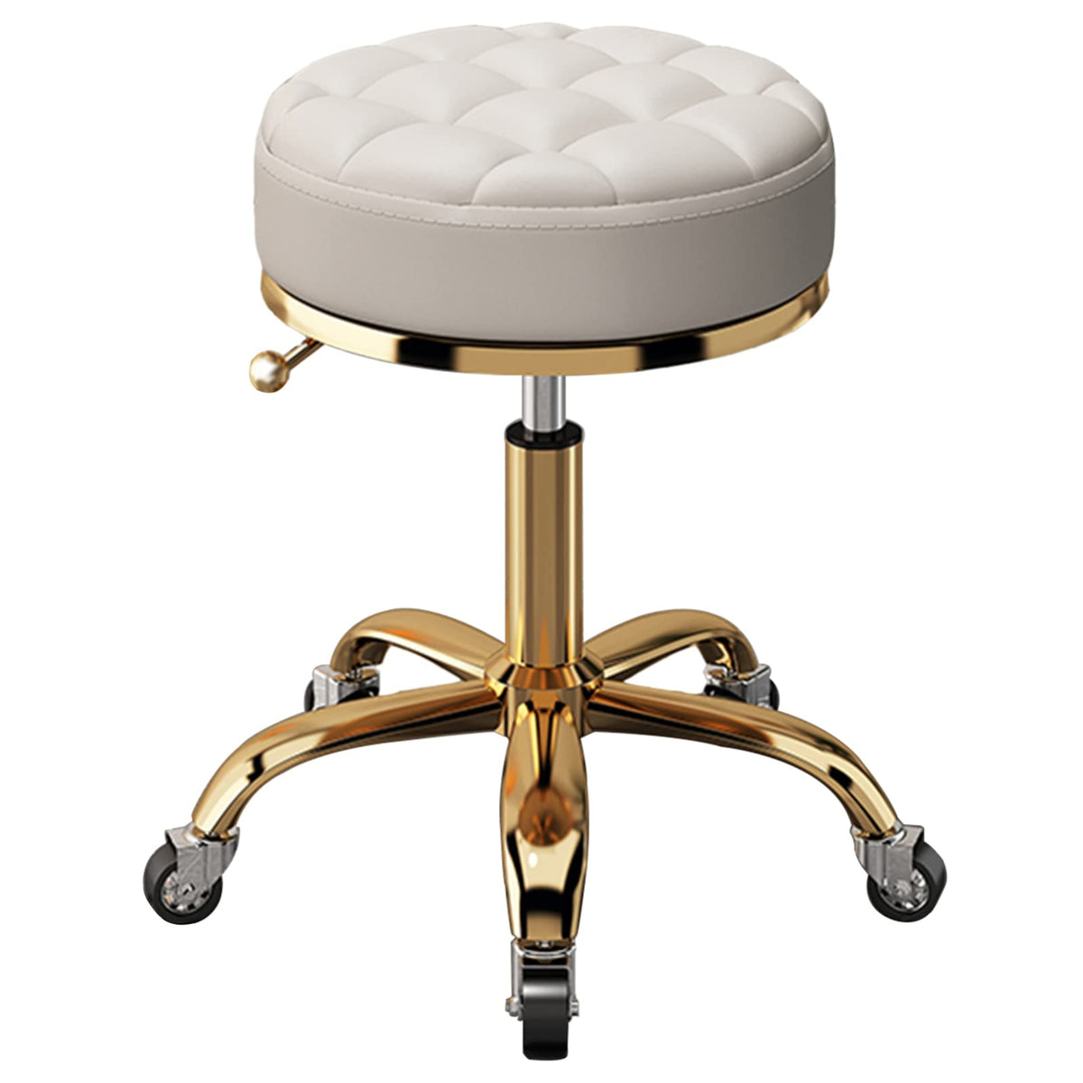 Taburet Gold pentru cosmetician – scaun rotund hidraulic, alb cu auriu, profesional pentru salon