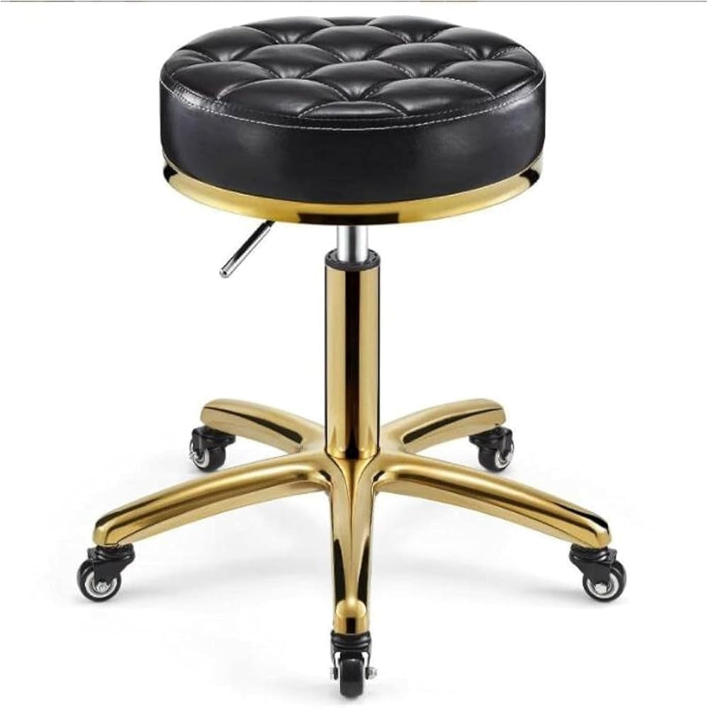 Taburet Gold pentru cosmetician – scaun rotund hidraulic, negru cu auriu, profesional pentru salon