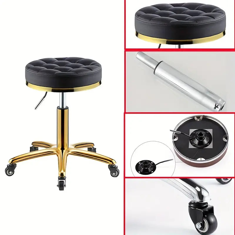Taburet Gold pentru cosmetician – scaun rotund hidraulic, negru cu auriu, profesional pentru salon