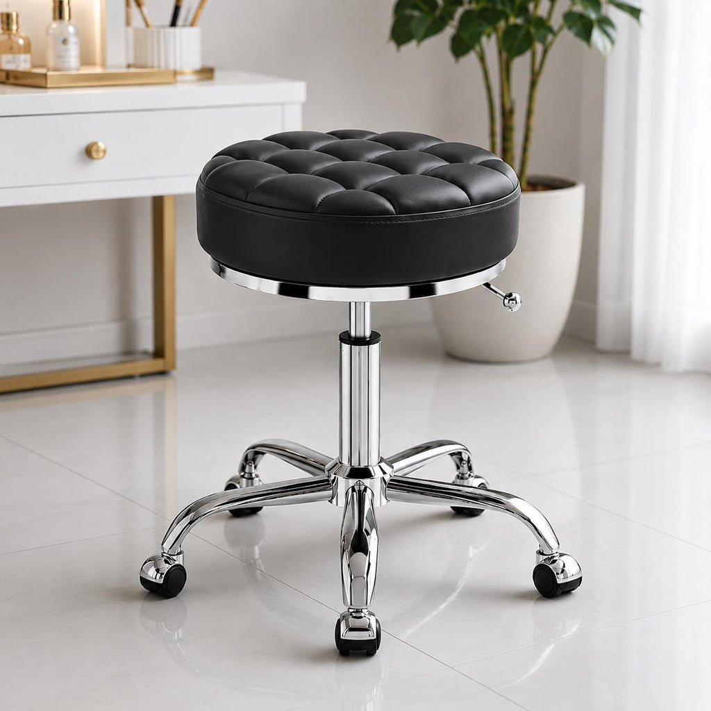 Taburet  negru pentru cosmetician – scaun rotund hidraulic