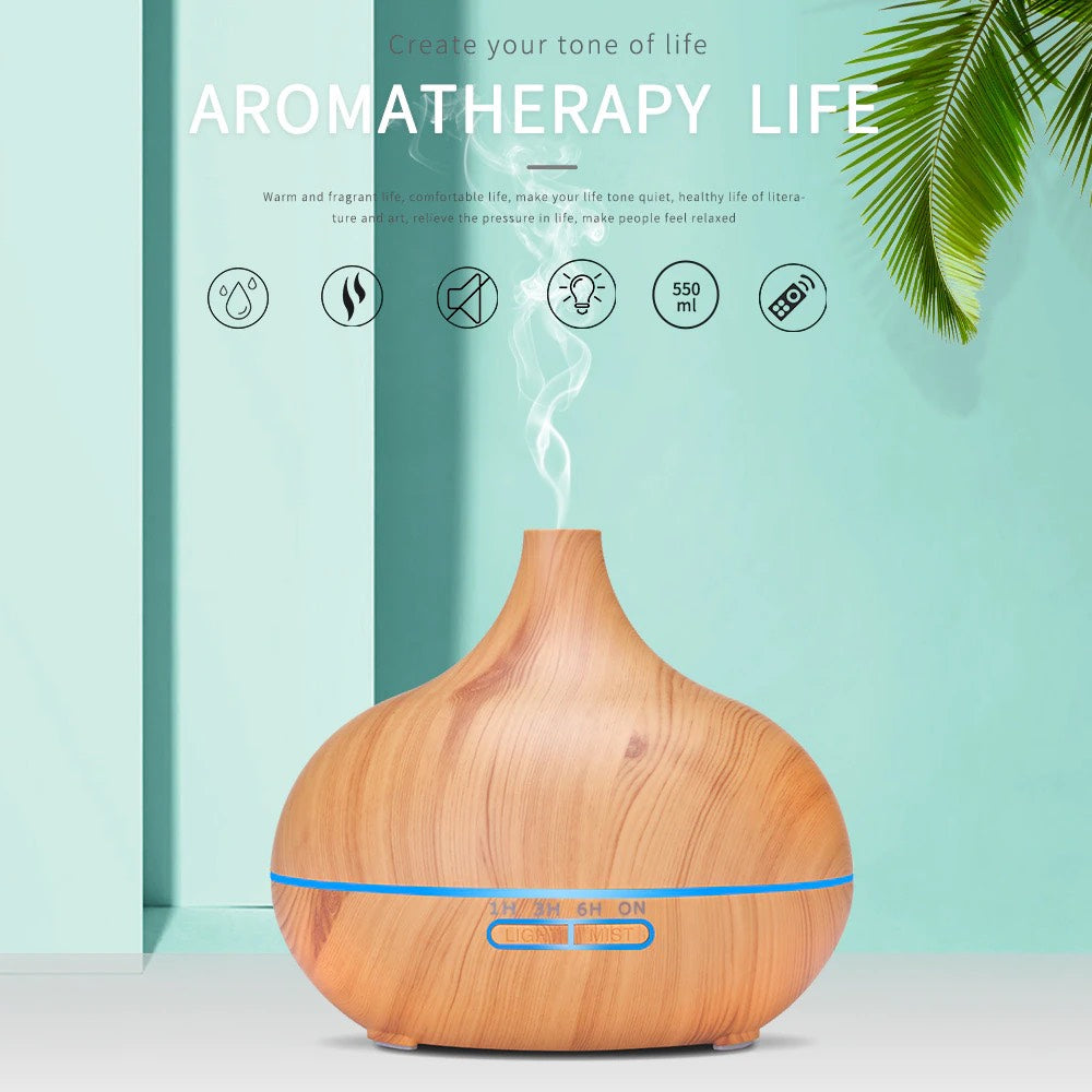 Umidificator/Difuzor aromatizator, lemn natur, 7 culori programabil, oprire automata